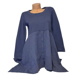 Neon Buddha Womens MEDIUM Blue Waffle‎ Knit Tunic Button Front Asymmetrical Hem